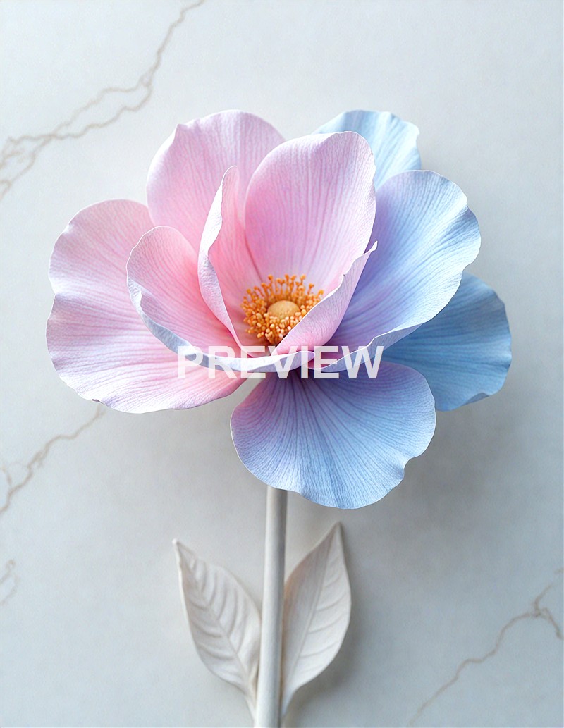A delicate, pastel-colored flower with soft pink and blue petals, a yellow center, and a white stem against a light, marble-like background.